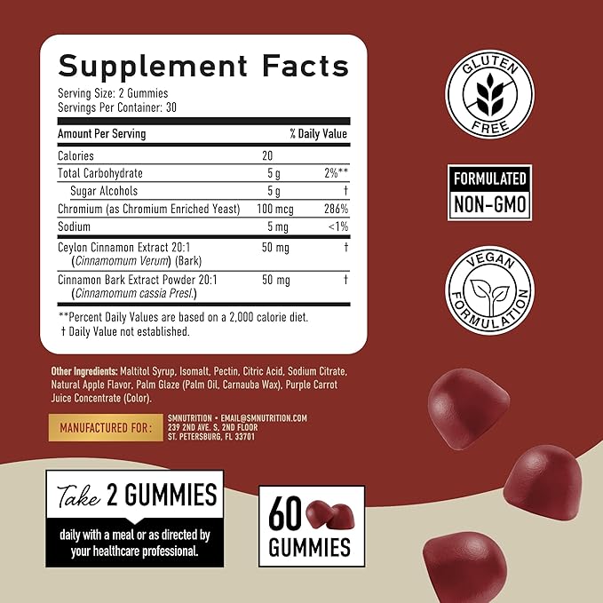Sugar-Free Cinnamon Gummies 2000MG with Ceylon Cinnamon & Cassia Complex | Sugar-Free Lifestyle Supplement & Guilt-Free Apple Pie Flavor with Chromium | Vegan, Non-GMO, Gluten-Free | 60 Gummies