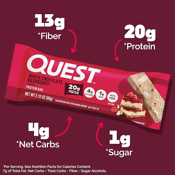 Quest Nutrition White Chocolate Raspberry Protein Bars, 20g Protein, 1g Sugar, 5g Net Carb, High Fiber, Gluten Free, Keto Friendly, 4 Count