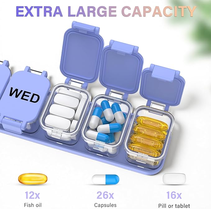 Extra Large Weekly Pill Organizer 7 Day - Portable Daily Pill Box with 7 Detachable Compartments, Vitamin Holder and Medicine Organizer for Supplements, Home and Travel, Purple