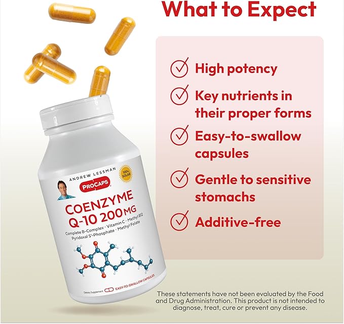 ANDREW LESSMAN Coenzyme Q-10 200 mg 60 Capsules - Essential for Energy Production and Optimum Key Organ Function, Anti-Oxidant Support, Depleted by Aging, Plus B-Complex. Easy to Swallow Capsules