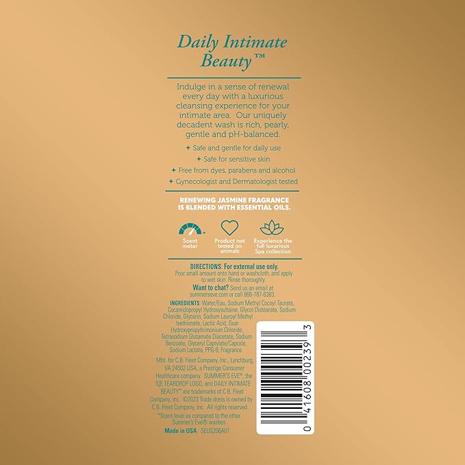 Summer's Eve Spa Daily Intimate Wash, Renewing Cleansing All Over Feminine Body Wash, Jasmine Scented pH-Balanced Feminine Wash, 12oz Bottle
