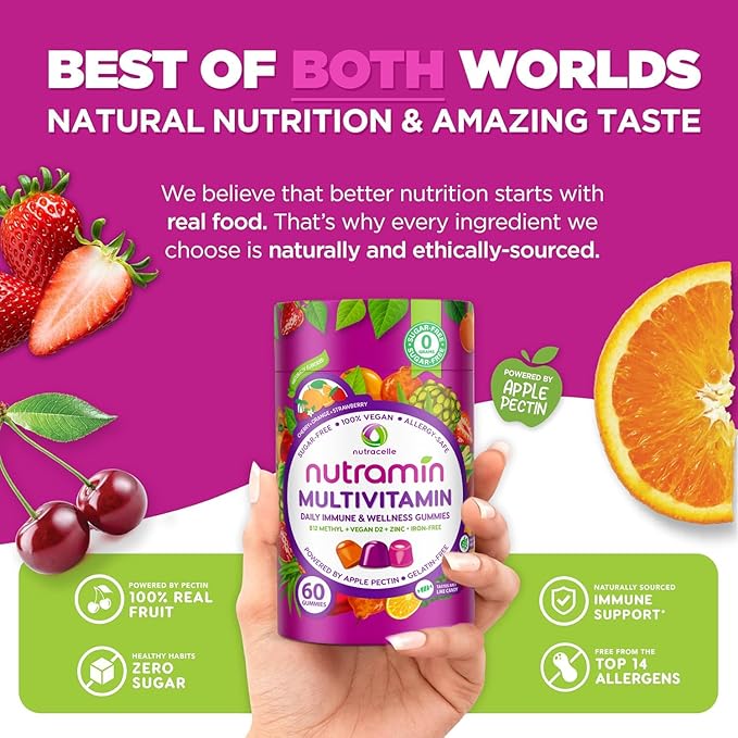 NUTRAMIN Daily Vegan Keto Multivitamin Gummies Non-GMO Natural Vitamin C D + Zinc for Immunity, Plant-Based, Sugar-Free, Nut-Free, Gluten-Free, Biotin, Vitamin A, B, B6, B12 60 Ct, 30 Days (60 Count)