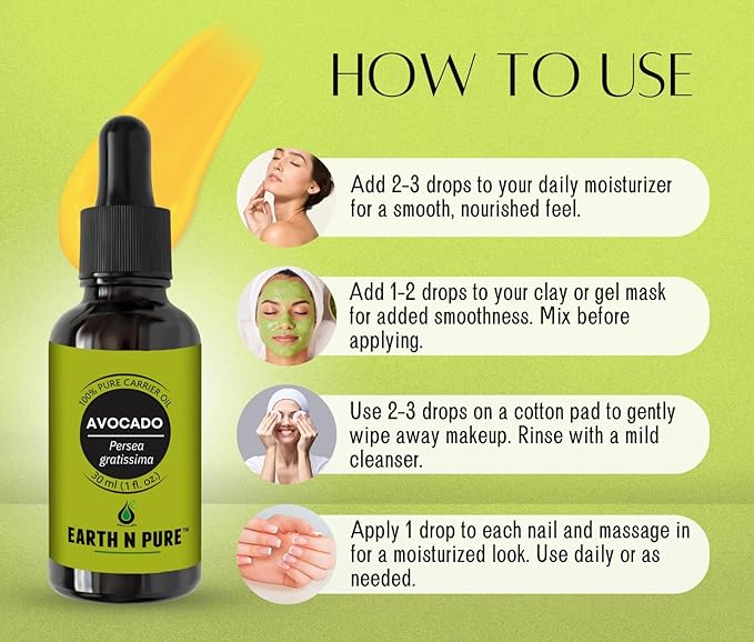 Earth N Pure Avocado Oil Cold Pressed, Natural and Therapeutic Grade for Hair and Skin - 30 ml