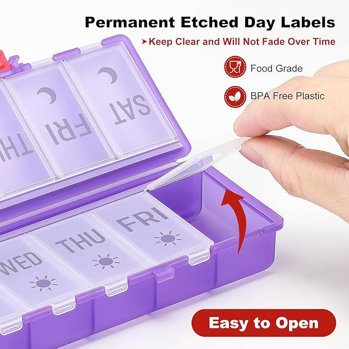 Foldable Pill Organizer 2 Times a Day w/Etched Labels -Dual Protection & Portable Weekly AM PM Pill Box, 7 Day Medicine Container, Large Travel Pill Case for Daily Supplement Vitamin -Clear Purple