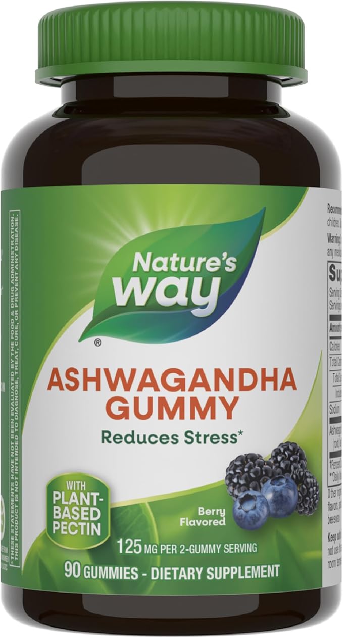 Nature's Way Ashwagandha Gummies, Reduce Stress with Adaptogenic Herb*, 125 mg Per 2-gummy Serving, Berry Flavored, 90 Gummies (Packaging May Vary)