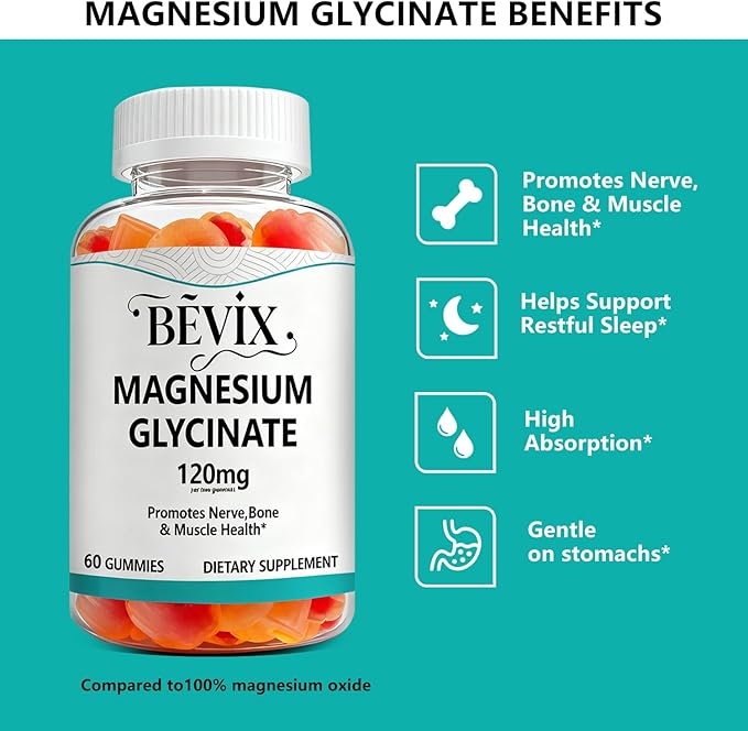 High Absorption Magnesium Glycinate Gummies for Adults & Kids, BEVIX 120mg Magnesium Supplement | 60 Count | Supports Relaxation, Nerve, Muscle & Bone Health | Vegan, Gluten Free, Non-GMO