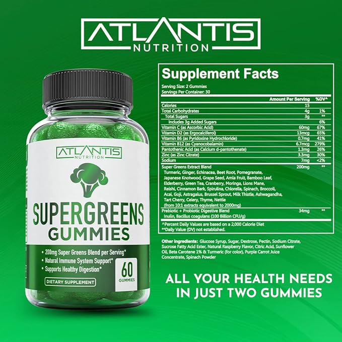 Atlantis Nutrition Supergreens Gummies - Daily Green Superfoods Supplement with Spinach, Broccoli, Moringa, Beet Root, Celery, Green Tea, & Acai for Immunity Support - Natural Raspberry Flavor, 60 cnt