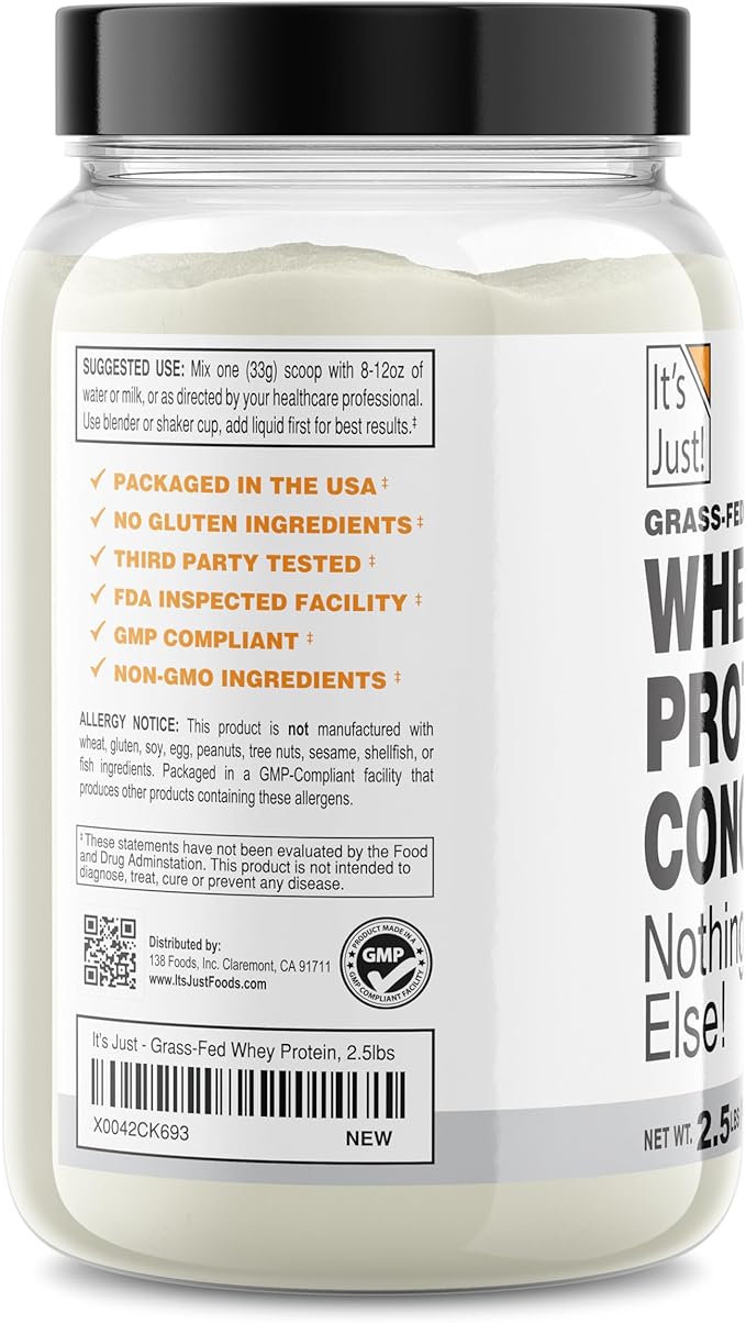 It's Just! - 100% Whey Protein Concentrate, Grass-Fed Pasture Raised, Made in Australia, RBST/rBGH Hormone Free, Premium WPC-80, No Added Flavors (Grass-Fed Unflavored, 2.5 Pound)