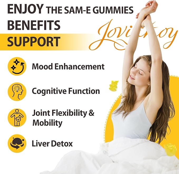 Jovianoy SAM-e Gummies with L-Tyrosine, Vitamin B Complex & NAC, CoQ10, High-Potency SAM-e Supplement - Pineapple Flavor, for Mood, Joint, Cognitive & Liver Detox, Vegan Friendly, 180 Gummies