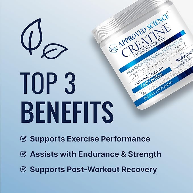 Approved Science Creatine Monohydrate Powder – with BioPerine – Supports Strength, Lean Muscle & Recovery – 5 g Per Serving – Unflavored Creatine Powder – Non-GMO, Vegan – 60 Servings