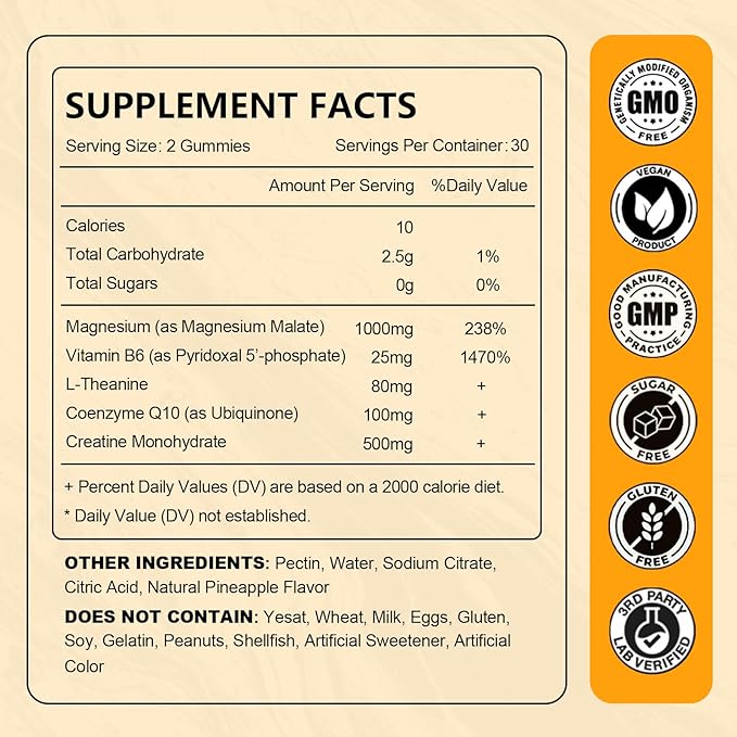 2 Pack Magnesium Malate Gummies 1000mg, High Absorption Magnesium Supplements for Adults & Kids, with L-Theanine, CoQ10 & Vitamin B6, Support Energy Production, Muscle Function, Non-GMO, Vegan, 120Ct