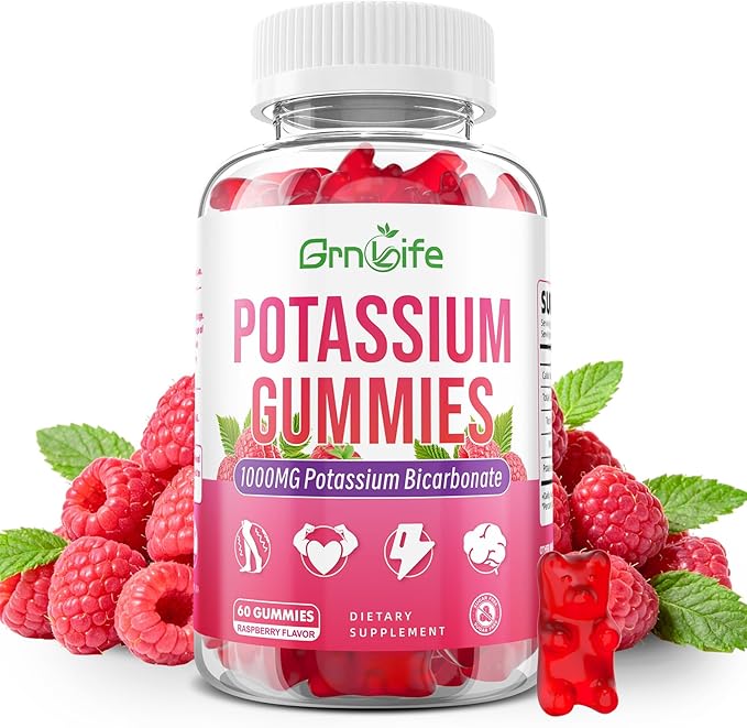 Potassium Gummies 1000mg, Potassium Bicarbonate Supplement for Adults & Kids, Support Electrolyte Balance & Muscle Heath, Sugar-Free, Raspberry Flavor, 60 Count