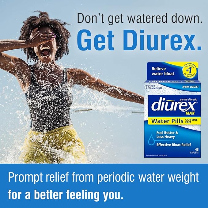 Diurex Caffeine-Free Bloat Relief, Maximum Strength, Relieve Water Bloat Discomfort, Up to 6 Hours of Relief, 48 Count (Pack of 2)