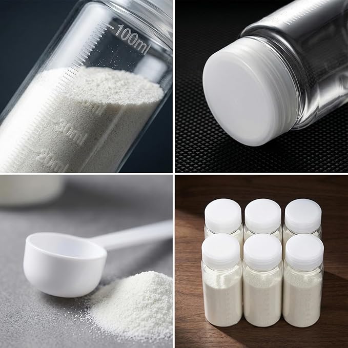 Protein powder travel container, 6 Pack 100ml Reusable Bottles with Funnel, Labels, Storage Pouch & 5g Scoop, Portable Supplement Storage for Gym & Trips