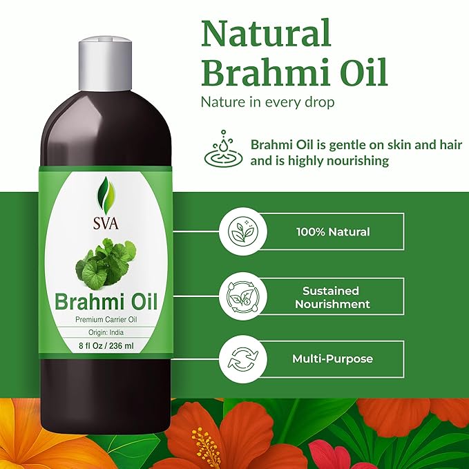SVA Brahmi Oil - 8 Fl Oz – 100% Natural Cold Pressed Brahmi Oil - for Face, Skin Care, Hair Care, Scalp Massage & Body Massage – Carrier Oil with Pump