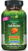 Irwin Naturals Maximum Strength 3-in-1 Carb Blocker - Neutralize Carbohydrates, Aids Digestion and Metabolism Booster - White Kidney Bean Extract + Chromium + Enzyme Blend - 150 Liquid Soft-Gels