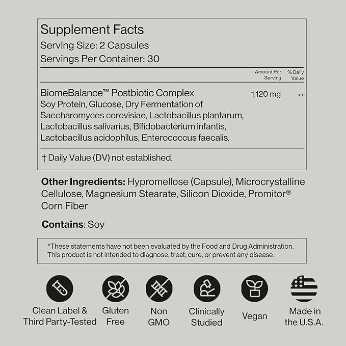 Postbiotics Gut Health Supplement – Bloating Relief, Gut, Brain & Digestive Health - Microbiome & Immune Support with BiomeBalance™ - 1000x More Active Ingredients Than Pre & Probiotics – 60 Capsules