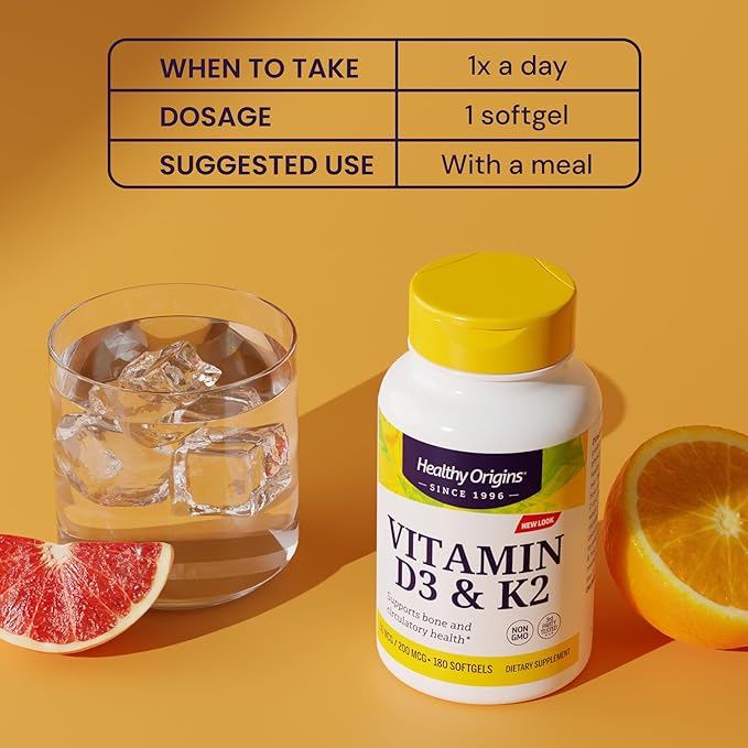 Healthy Origins Vitamin D3 & K2 - Vitamin D3, 50 mcg - Vitamin K2, 200 mcg - Easily Absorbable Vitamin D & Vitamin K Supplements - Non-GMO & Gluten-Free Supplements - 60 Softgels