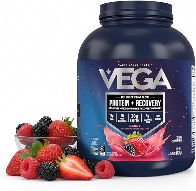 Vega Sport Vegan Protein Powder + Recovery - 30g Plant Based Protein per Serving, Berry, 45 Servings, 5g BCAAs, Probiotics, NSF Certified, for Shakes & Smoothies, 4.2lbs (Packaging May Vary)