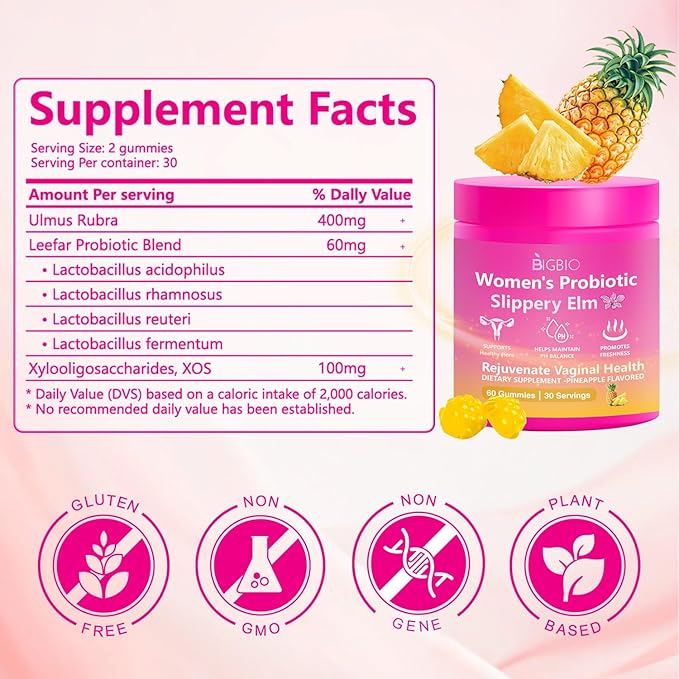 Feminine Probiotics Gummies, Slippery Elm for Women, Vaginal Health Supplement for pH Balance, Odor Control, Yeast Balance, Flora Immune Support, Suagr-Free, Veagn, Pineapple Flavor, 60 Count