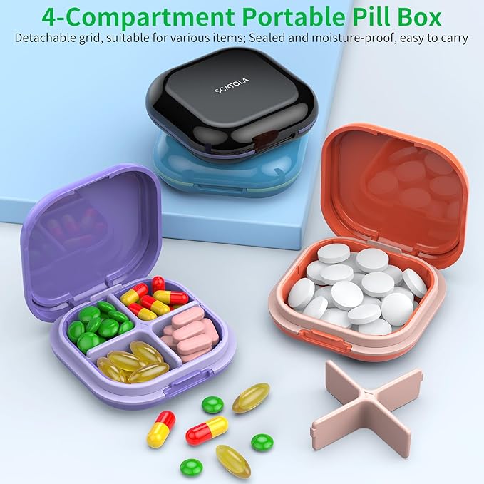 Daily Pill Organizer 4 Compartments, Small Pill Box Portable Travel Pill Case, Mini Pill Container for Purse Pocket, Compact Travel Medicine Organizer for Vitamin, Cod Liver Oil, Supplement (Blue)