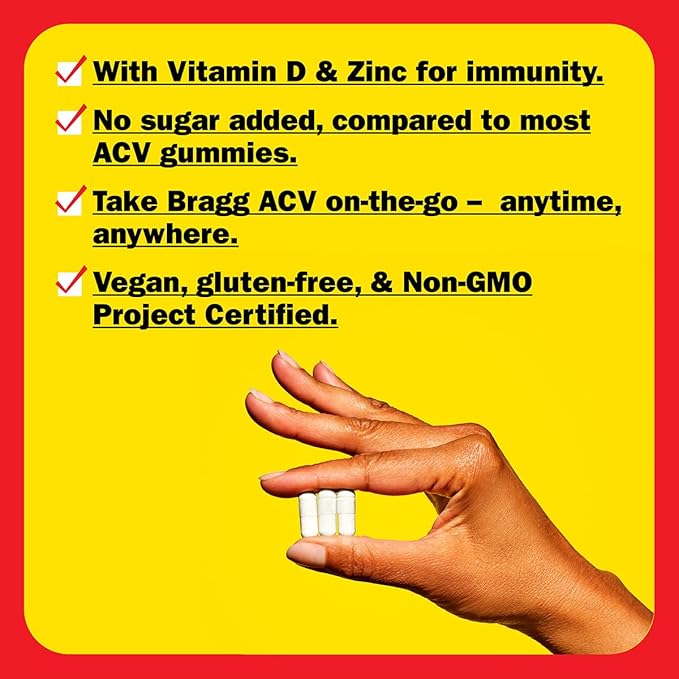Bragg Organic Apple Cider Vinegar Capsules with Vitamin D and Zinc - (3 Pack) 90 Count - Supports Immune System