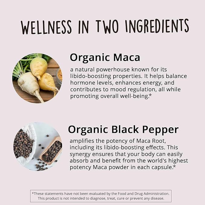 Organic Maca Root Capsules 1200 mg – Libido Booster for Women Fast Acting & Potent | Female Maca Supplement | Energy Pills from Peru | Includes Black Pepper for High Absorption | Vegan, 120 Ct