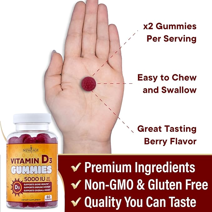 NEW AGE Vitamin D3 5000 IU 125mcg Gummies - Immune Supplement - Non-GMO, Gluten-Free, Dairy-Free, No Gelatin (180 Gummies (Pack of 3))