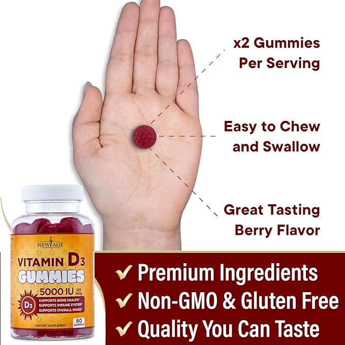 NEW AGE Vitamin D3 5000 IU 125mcg Gummies - Immune Supplement - Non-GMO, Gluten-Free, Dairy-Free, No Gelatin (60 Gummies (Pack of 1))
