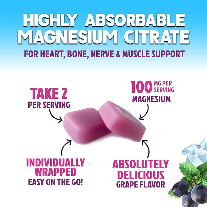 Magnesium Citrate Chews Supplement - High Absorption Magnesium Gummies Supplement - Vegan Mag Citrate Soft Chews Gummy for Adults - Relaxation & Calm Support - Delicious Grape Flavor - 60 Gummies