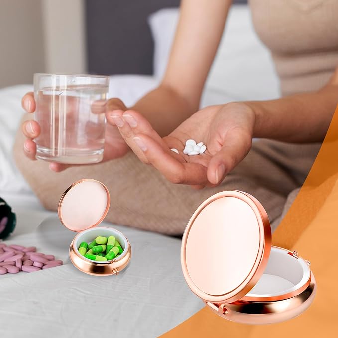 WLLHYF Pill Box Cute Small Pill Box for Purse & Pocket Medicine Organizer Travel Pillbox Waterproof Pill Case Metal Pill Container Holder for Vitamins, Fish Oil, Supplements (Rosegold)