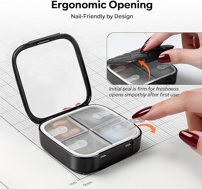 Betife Travel Pill Organizer for Purse, Small Cute Pill Box with Mirror, 4 Large Compartment Pill Case, Waterproof Medicine Container, Portable Faux Leather Vitamin Case BPA-Free (Classic Black)