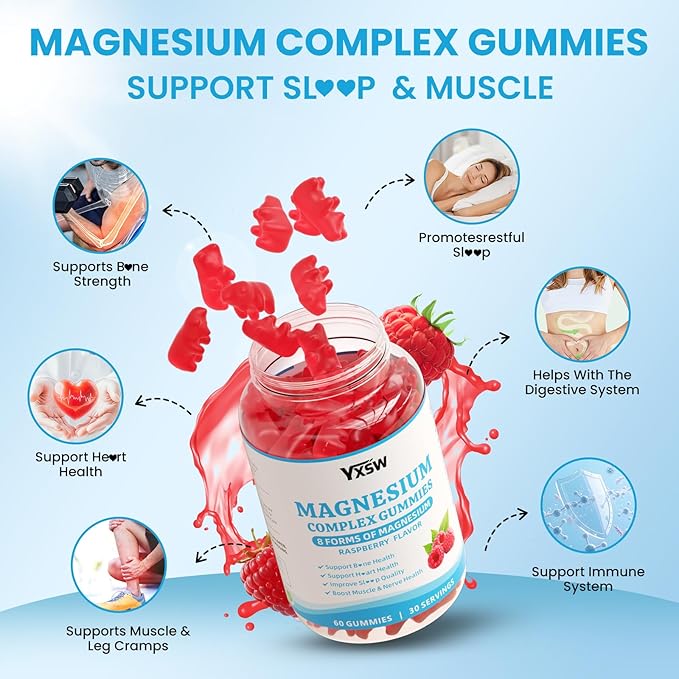 Magnesium Complex Gummies 8 Elemental 1000mg - Magnesium Glycinate, Citrate, Malate, Taurate, Supports Bones, Muscle, Nerve Health, for Women & Men, Vegan Non-GMO, Raspberry Flavor, 120 Count