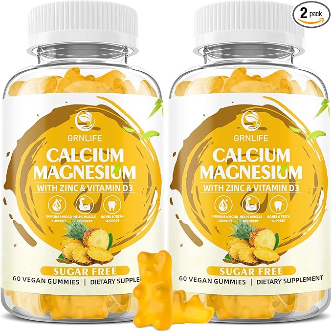 Calcium Magnesium Zinc Gummies with Vitamin D3, Sugar Free Calcium Gummies for Women Men, High Potency Magnesium for Bone & Muscle & Immune Health, Pineapple Flavor - 120 Count