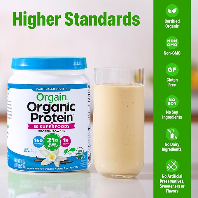 Orgain Organic Vegan Protein + 50 Superfoods Powder, Vanilla Bean - 21g Plant Based Protein, 8g Prebiotic Fiber, No Lactose Ingredients, Gluten Free, No Added Sugar, 1.12 lb (Packaging May Vary)