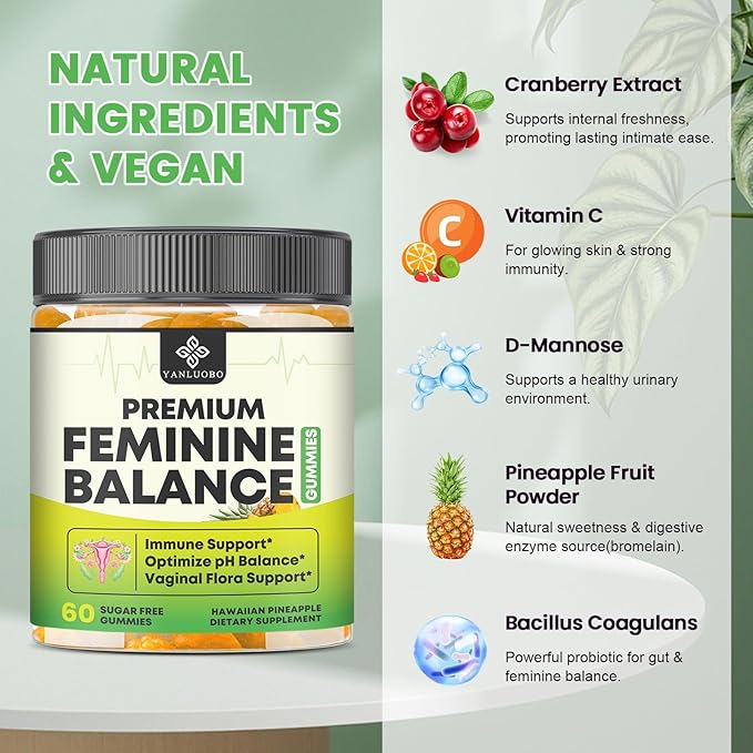 Feminine Balance Probiotic Gummies - Women's Vaginal Health Support | PH Balance & Odor, Flora, Immune Support | Probiotics for Women, Vegan Pineapple Flavor, 120 Count