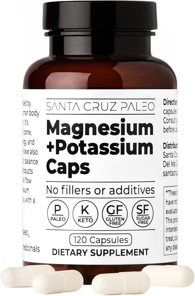 Santa Cruz Paleo Magnesium + Potassium Caps, Supplement for Men and Women, Paleo, Keto, Sugar & Gluten Free, Magnesium Glycinate 166mg and Potassium Citrate 38mg per Serving, American Made, 120 Caps