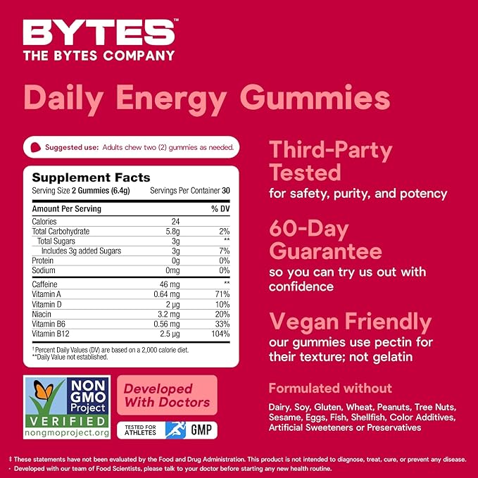 Energy Bytes Daily Energy Gummies – Fast Acting Energy Chews with Caffeine & Vitamins B3 B6 B12 A & D – Stay Focused and Energised Through Your Day – 60 Bytes