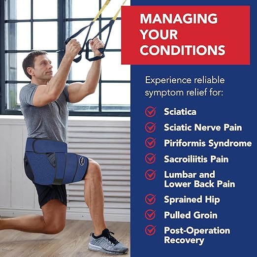 Dr. Arthritis Stabilizing Hip Brace for Men & Women, Thigh Compression Sleeve & Hip Support for Muscle Recovery, Hamstring Brace with Handbook, Sciatica Pain Relief Devices - Right Leg (S/M, Navy)