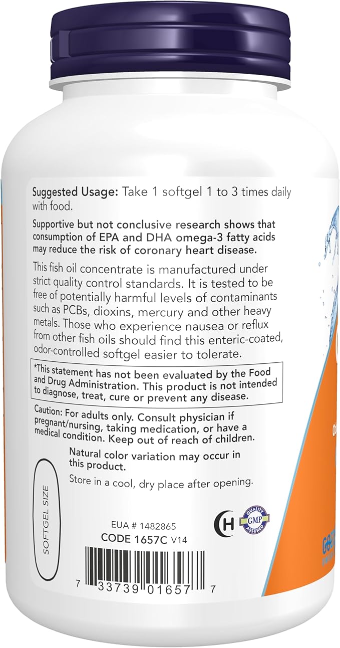 NOW Foods Supplements, Omega-3 180 EPA / 120 DHA, Enteric Coated, Cardiovascular Support*, 180 Softgels