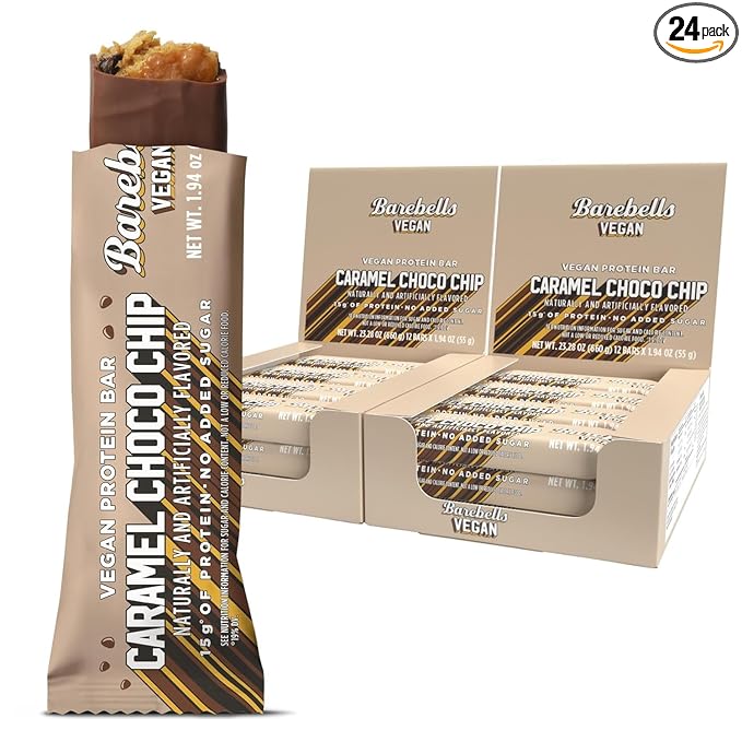 Barebells Vegan Protein Bars Caramel Choco Chip, Plant Based with High Protein - Chocolate Protein Bars - Perfect on The Go Protein Snack & Breakfast Bars 24 Count (Pack of 1)