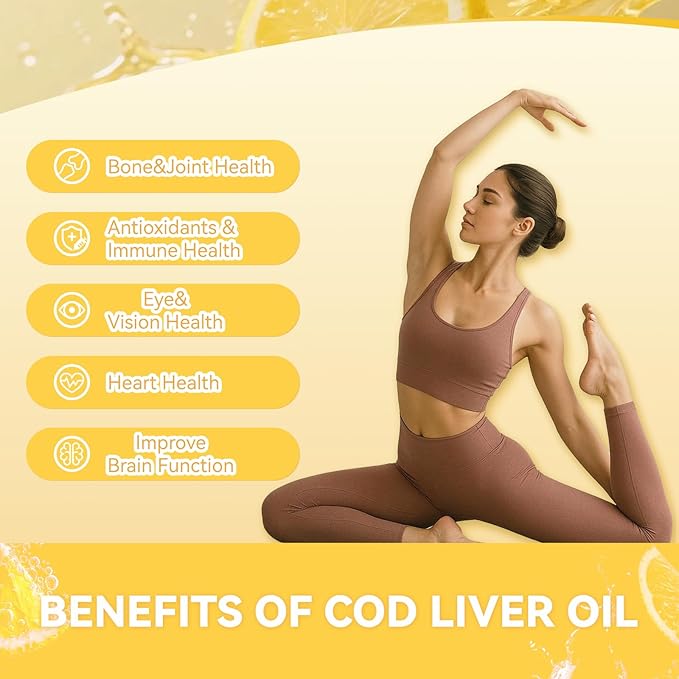 Cod Liver Oil Gummies 1000mg, for Adults & Kids with Omega-3 Vitamin A & D3, Fish Oil Supplement, Supports Eye Health, Brain Function & Bone Health, Sugar-Free, Non-GMO, Gluten-Free 60 Count