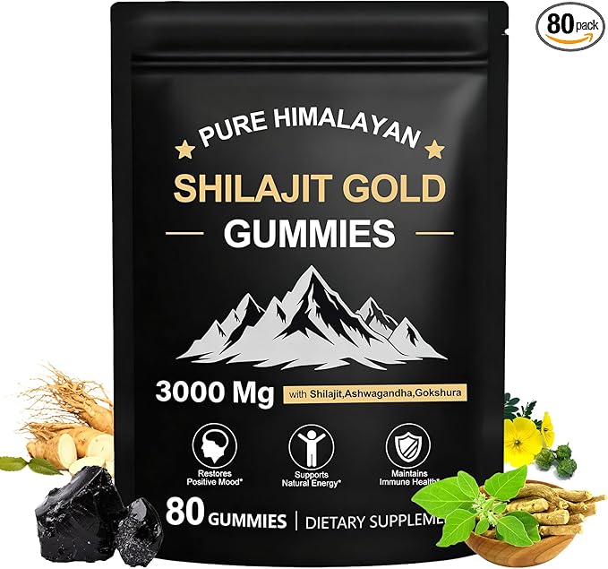 Shilajit Gummies for Men & Women, Rich in Ashwagandha & Gokshura, Fulvic Acid & 85+ Trace Minerals Micronutrient Supplement for Energy & Wellness, 100% Pure Organic Natural - 80 Gummies