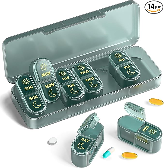 Pillex Pill Organizer 2 Times a Day, AM PM Pill Box 7 Day, Weekly Medicine Organizer with Large Capacity, Travel Pill Case for Medication, Vitamins, Fish Oils, Supplements (Easy to Use, Portable)