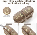 Betife AM PM Pill Organizer 7 Day, Weekly Pill Organizer 2 Times a Day, Daily Pill Box AM PM, Portable Travel Medicine Case, Day and Night Pill Container for Medication, Vitamin or Supplement（Brown）
