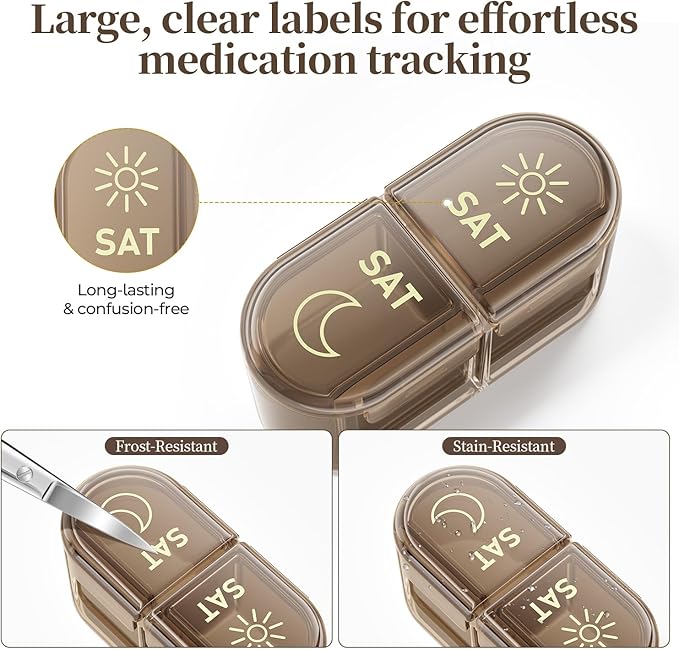 Betife AM PM Pill Organizer 7 Day, Weekly Pill Organizer 2 Times a Day, Daily Pill Box AM PM, Portable Travel Medicine Case, Day and Night Pill Container for Medication, Vitamin or Supplement（Brown）