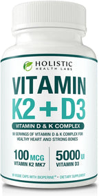 Max Absorption Vitamin K2 + D3 (5000IU) 90 Veggie Capsules From MK-7 (Menaquinone-7) and Cholecalciferol (With BioPerine) 3-Months Supply – D3 with K2 For Healthy Heart and Strong Bones | Non-GMO