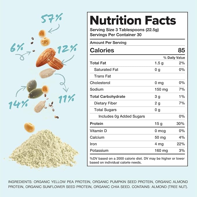Complement Organic Unflavored Vegan Protein Powder (30 Servings) Low Carb, Low Calorie, Sugar Free, Soy Free, Non-GMO, Gluten Free, Non Dairy- Yellow Pea, Pumpkin Seed- 15g Plant Based Protein Powder