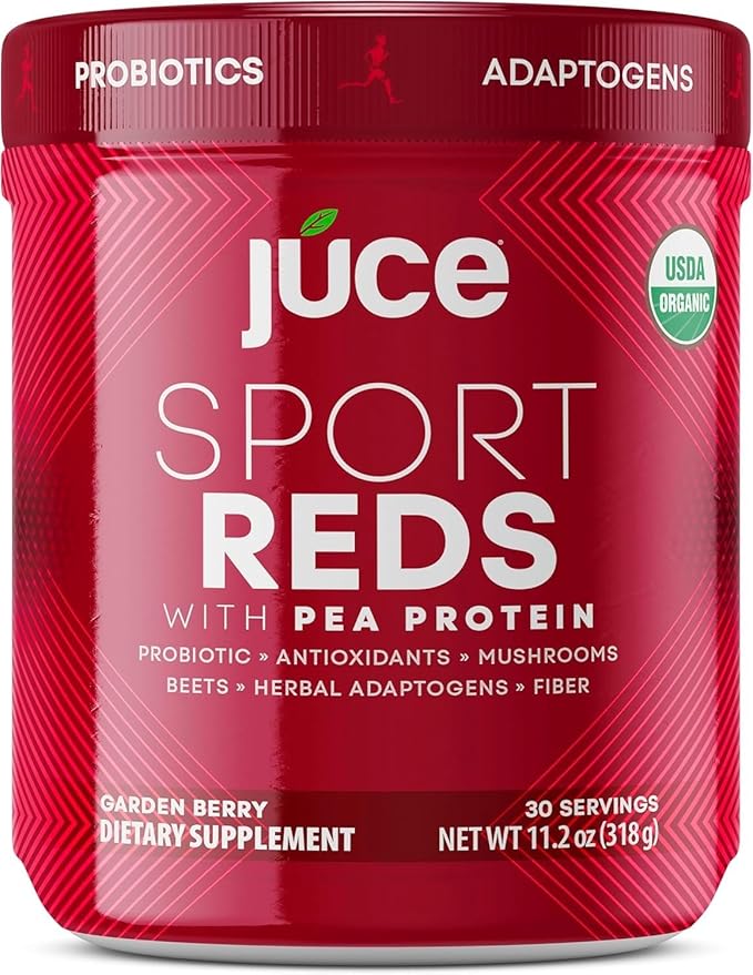 Terra Kai Organics Juce SR7 Sport Reds Organic Fruit & Veggies w/Pea Protein | 43 Superfoods, Antioxidants, Mushrooms, Beets, Herbal Adaptogens, Probiotic, Fiber, Garden Berry Flavor (30 Servings)