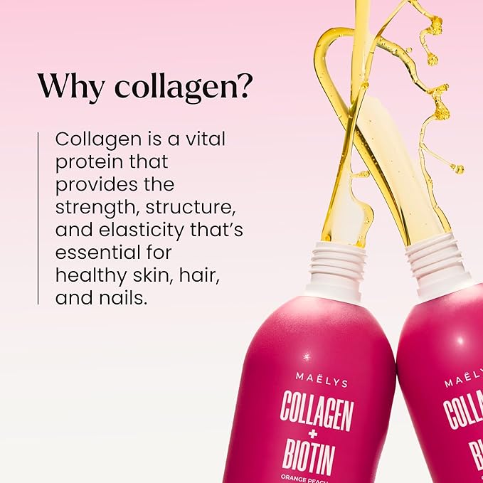 MAËLYS Collagen + BIOTIN Supercharged Liquid Collagen - Drinkable Hydrolyzed Type I & III Collagen Supplement with Biotin, Vitamin C, Zinc & Folic Acid - Orange Peach Flavor (500 mL)